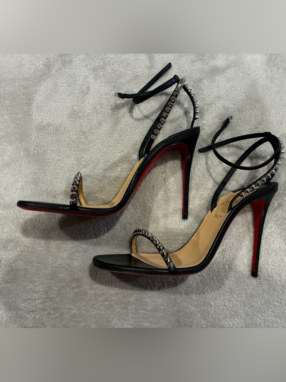 Christian Louboutin Black Studded Ankle-Tie Stiletto Sandals with Red Sole